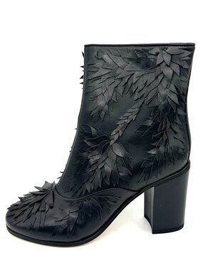 CHANEL 18C Leather Fringe Leaf Detail Ankle Boots Bootie Heels Shoes